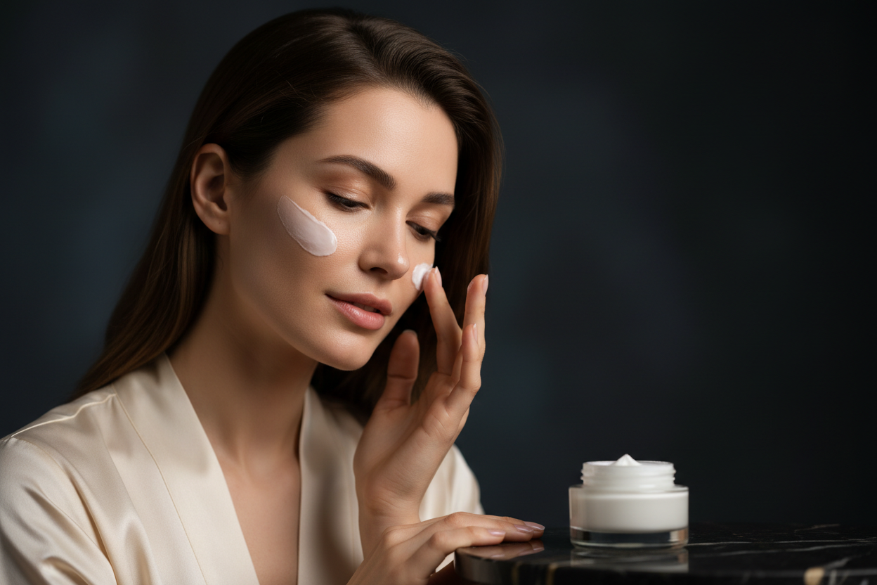 Generate me a brunnete using hydration Creams in A dark bakcround